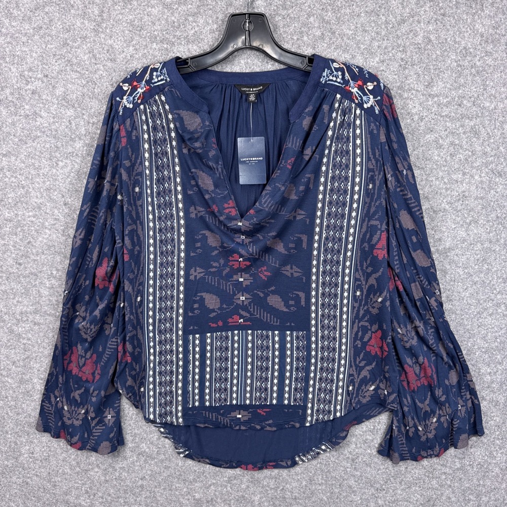 Lucky Brand Peasant Top Small Navy Blue Tribal Floral Embroidered Bell Sleeve